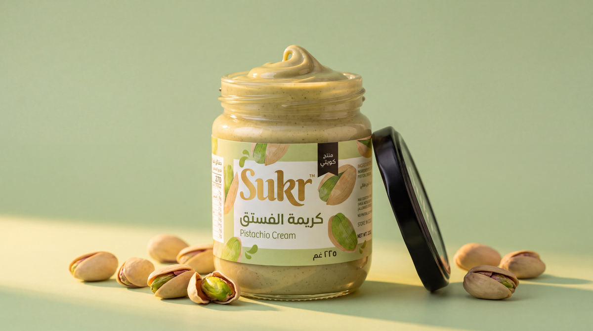 SUKR Pistachio Cream with its black lid, pistachios and a spoonable cream finish