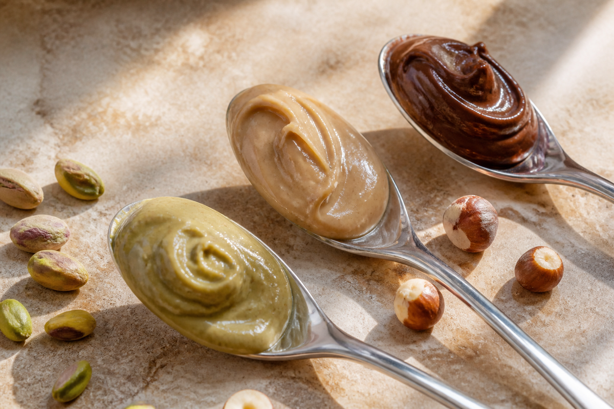 Illustrative serving photograph of pistachio, hazelnut and chocolate hazelnut creams on spoons