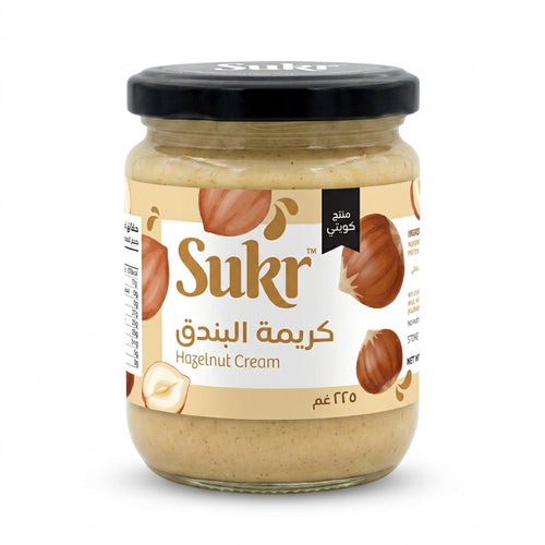 Sukr Hazelnut Cream 225g glass jar with black lid, white background