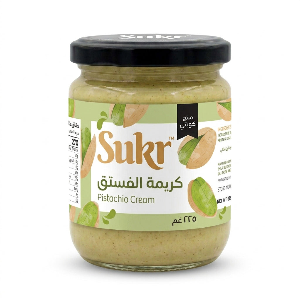 Sukr Pistachio Cream 225g glass jar with black lid, white background