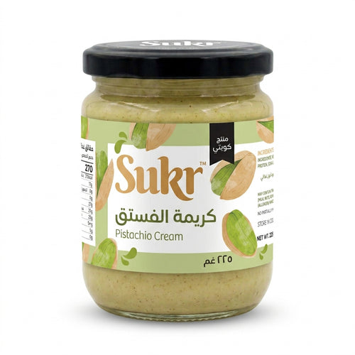 Sukr Pistachio Cream 225g glass jar with black lid, white background