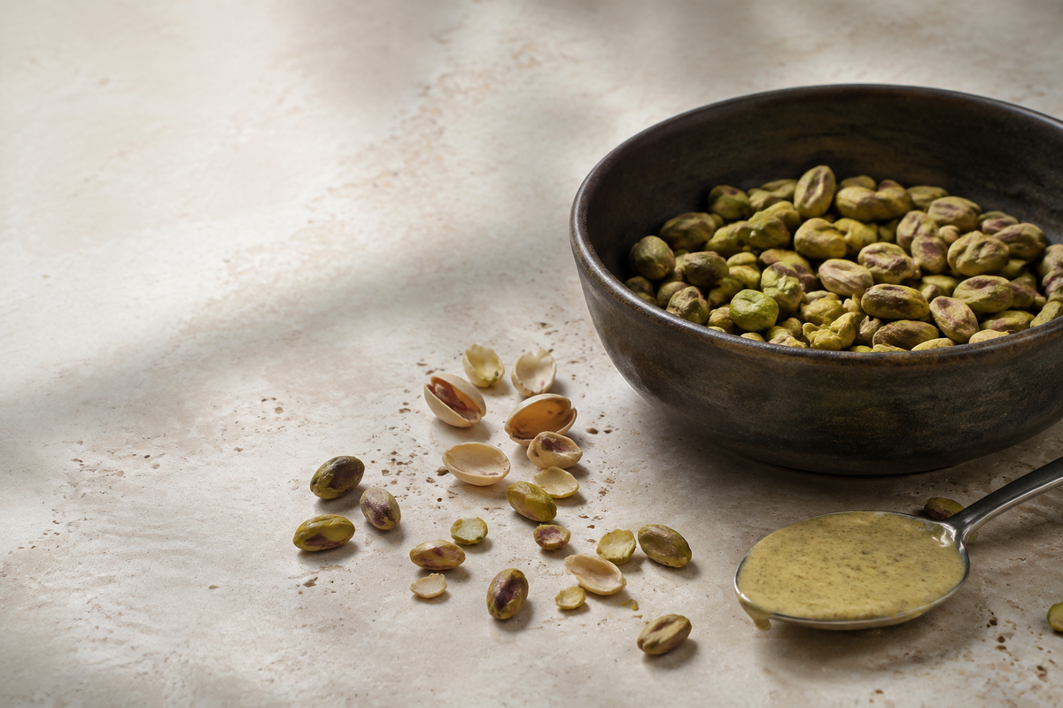 Pistachio kernels and cream on warm stone
